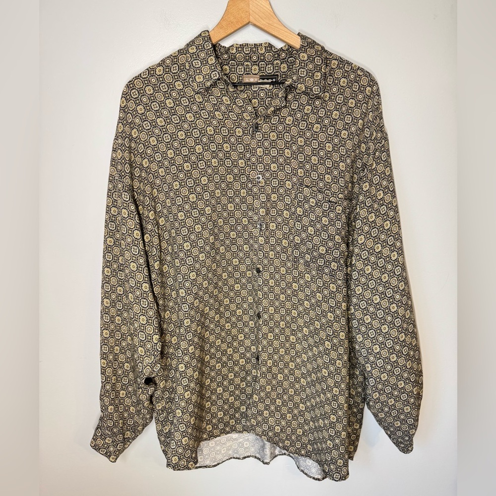 Letters Brand Men’s 100% Silk Mosaic Print Button Up Top Sz L Relaxed Fit